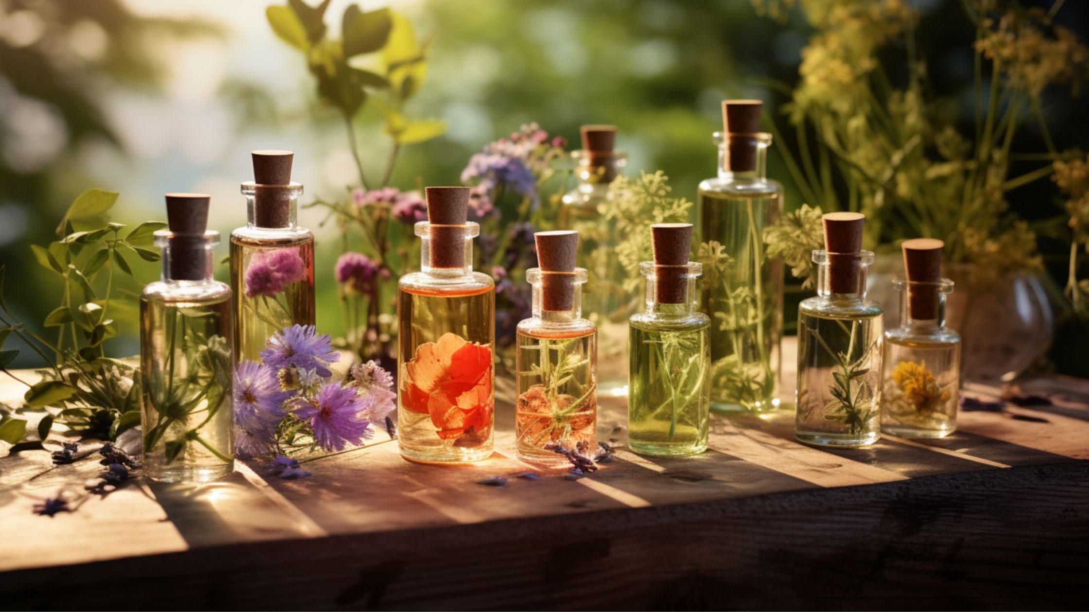 A collection of glass bottles with essential oils containing various flowers, set against a natural background with greenery, highlighting the diversity of aromatherapy uses.