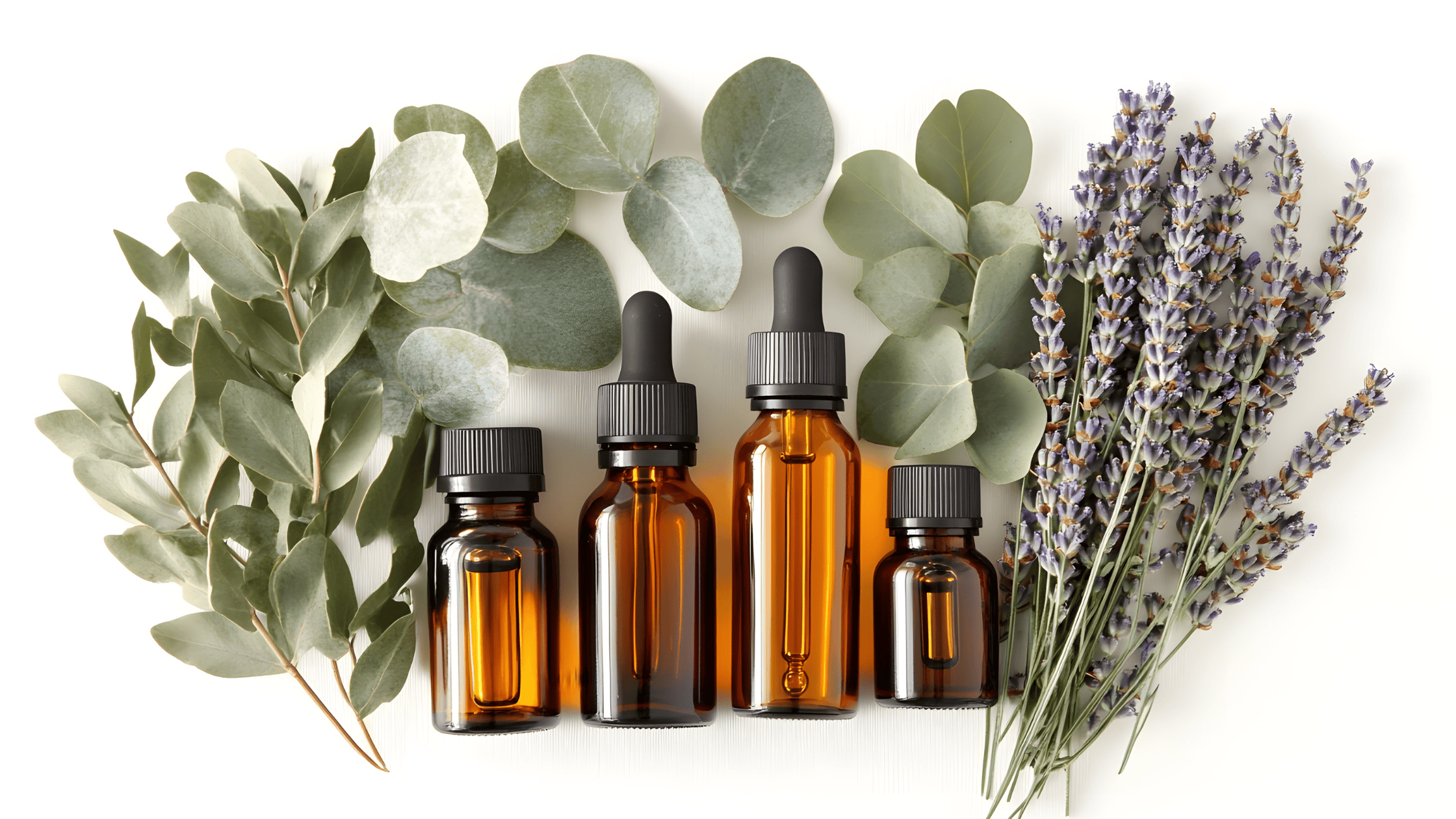 Five amber glass essential oil bottles with black droppers surrounded by fresh eucalyptus leaves and dried lavender flowers on a white background