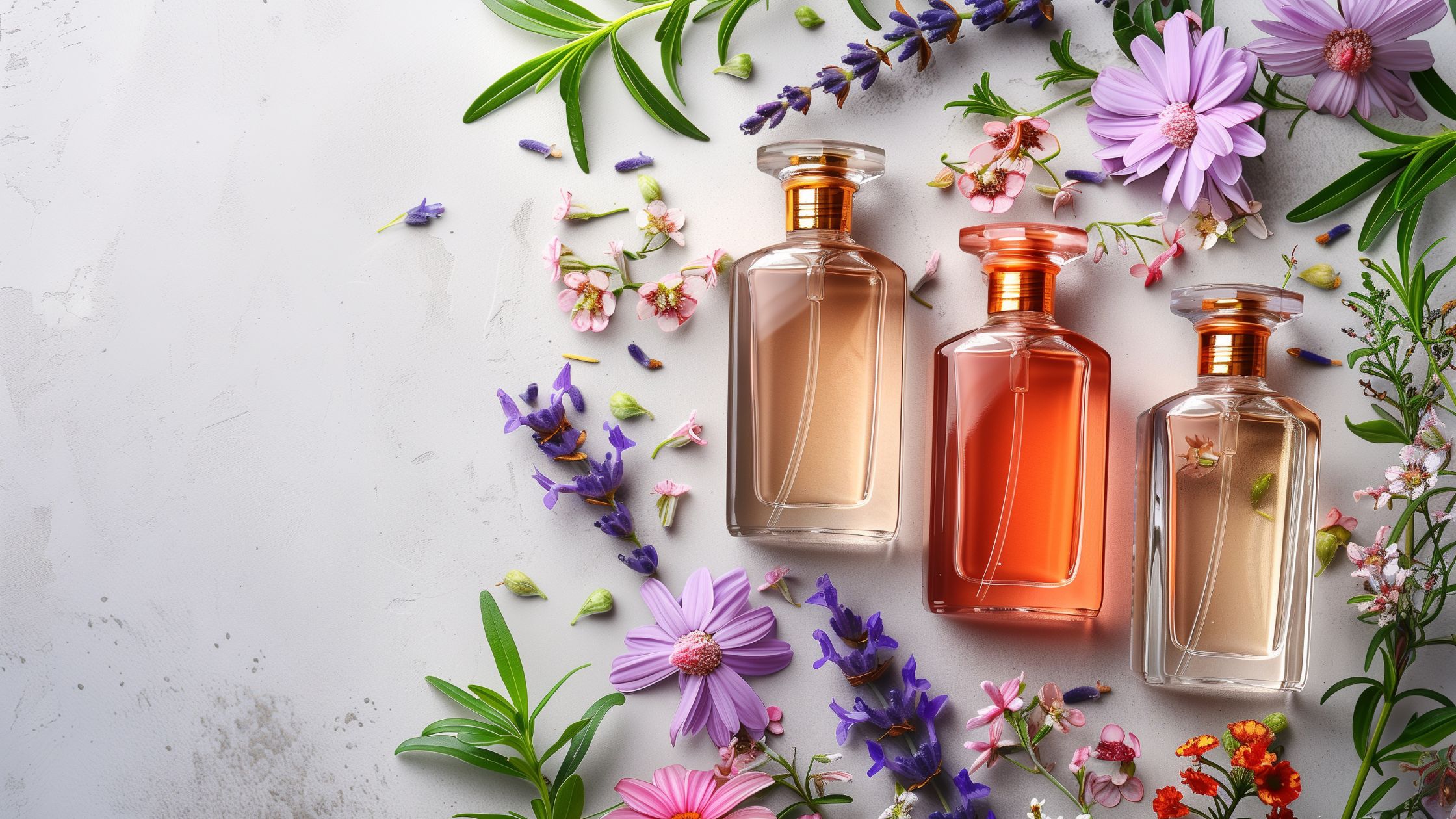 Three elegant glass perfume bottles in gold and clear tones surrounded by fresh lavender, pink daisies, and green leaves on a textured background